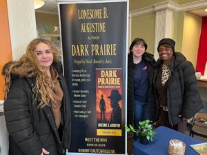 Local readers meeting author Lonesome Augustine during a Dark Prairie book signing