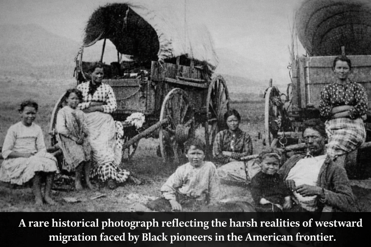 Historical photograph showing Black pioneers during westward migration in American frontier history