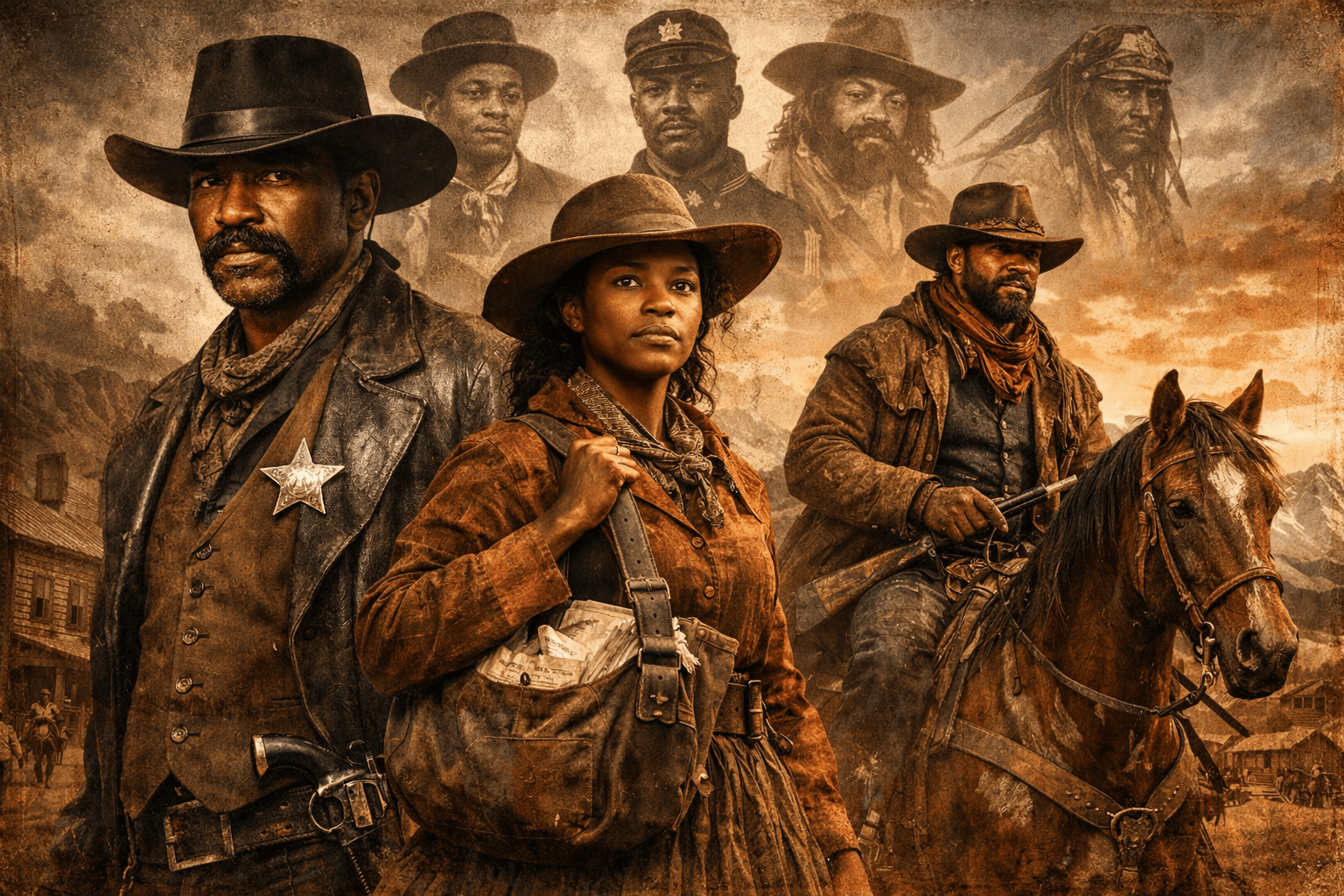 Collage of influential Black history people including Bass Reeves, Nat Love, and Stagecoach Mary