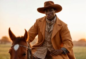 A Black cowboy riding a horse.