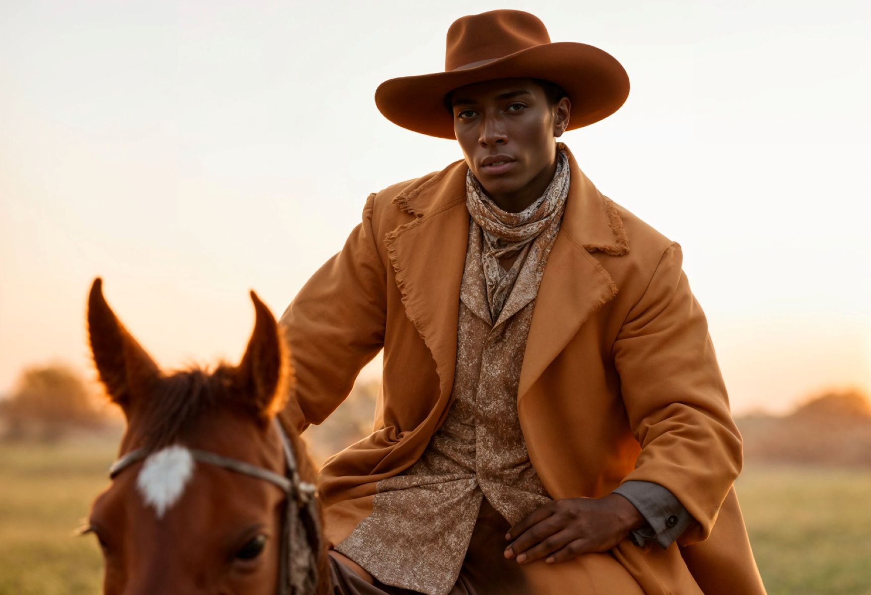 A Black cowboy riding a horse.