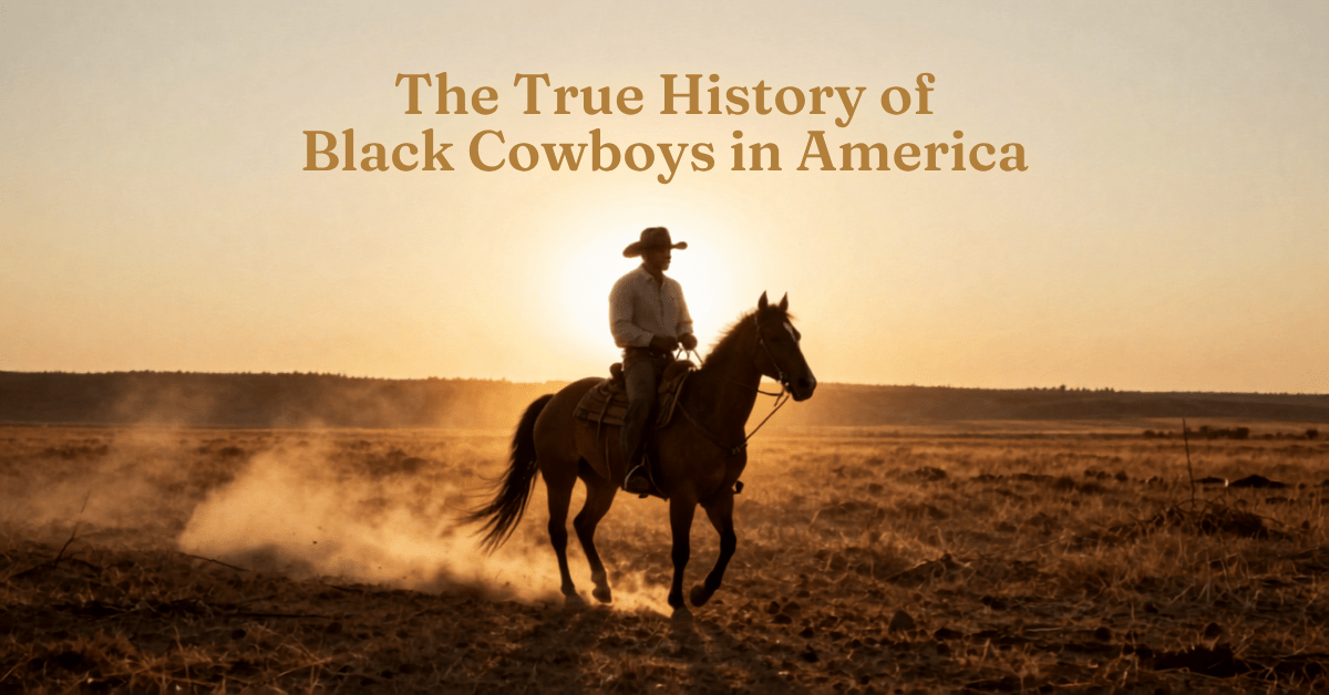 Black cowboy on horseback at golden hour sunset on the prairie — Black cowboys history blog